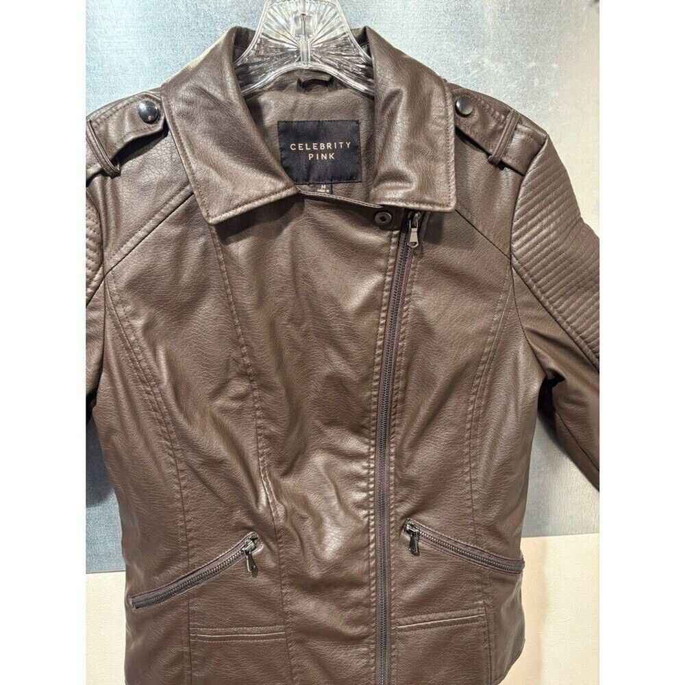 Brown Motorcycle Jacket Faux Leather Asymmetrical Zip M Celebrity Pink